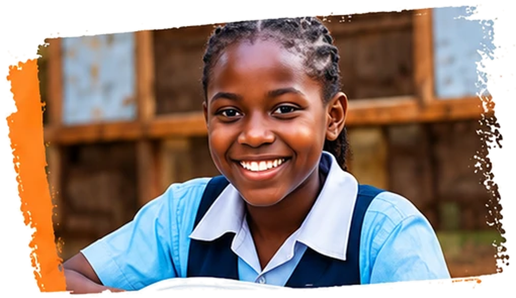 A smiling schoolgirl in a blue uniform