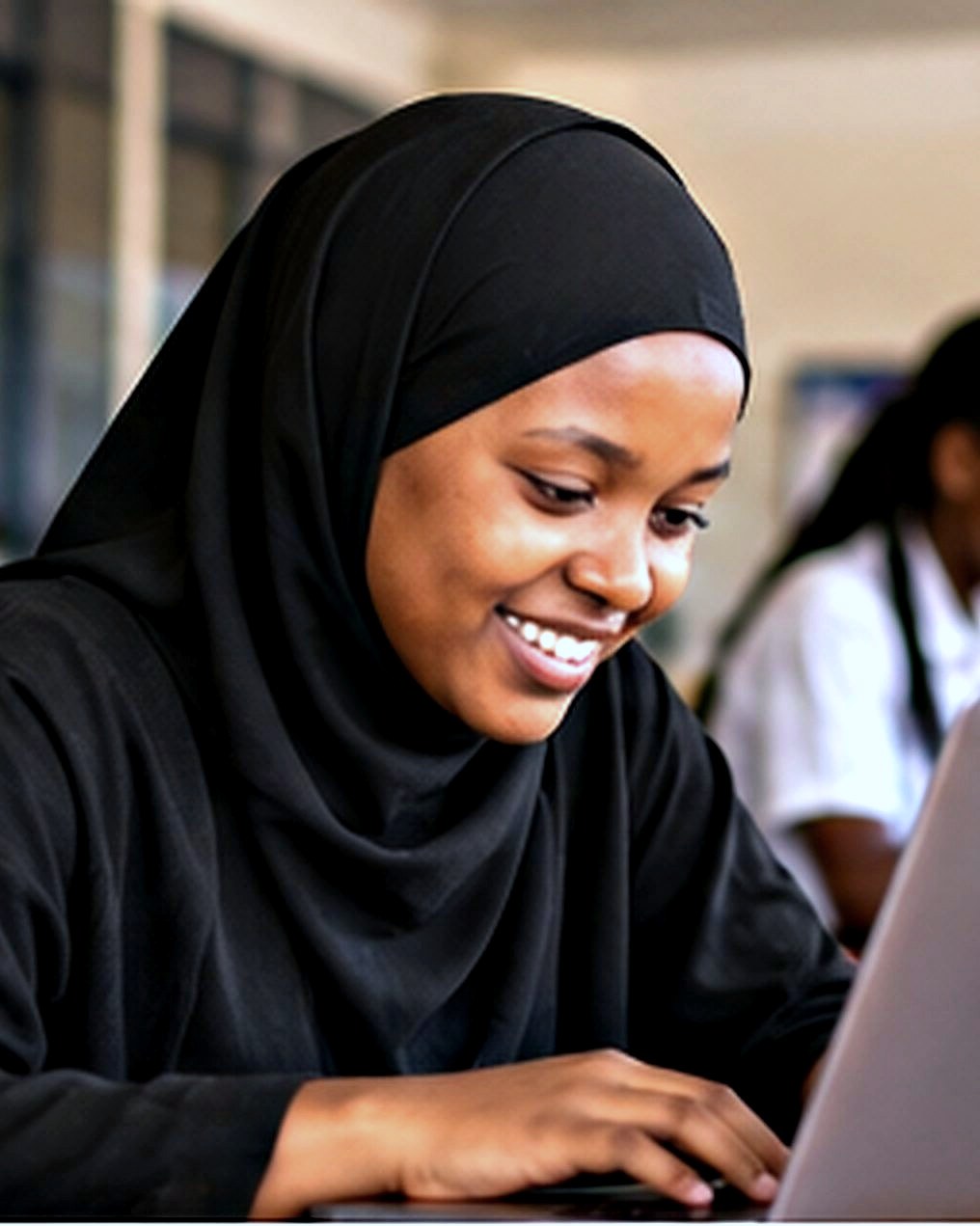 A student working on a laptop at school