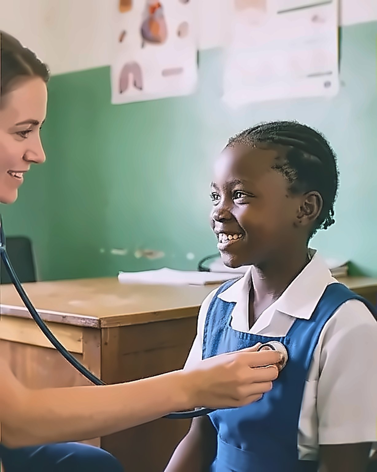 A health worker listens to a student's heartbeat