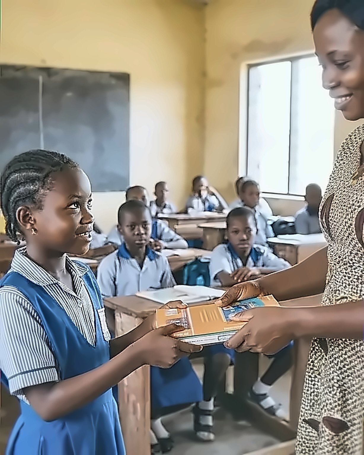 A teacher hands a book to a student in class