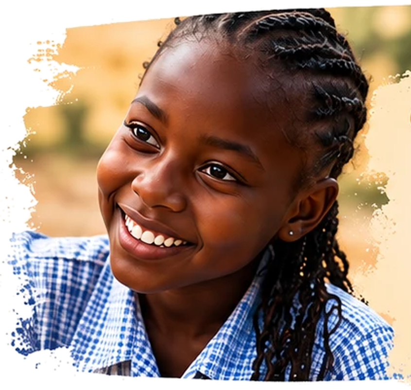 A smiling girl in a blue checked school shirt