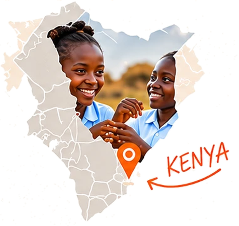 Map of Kenya with two smiling schoolgirls