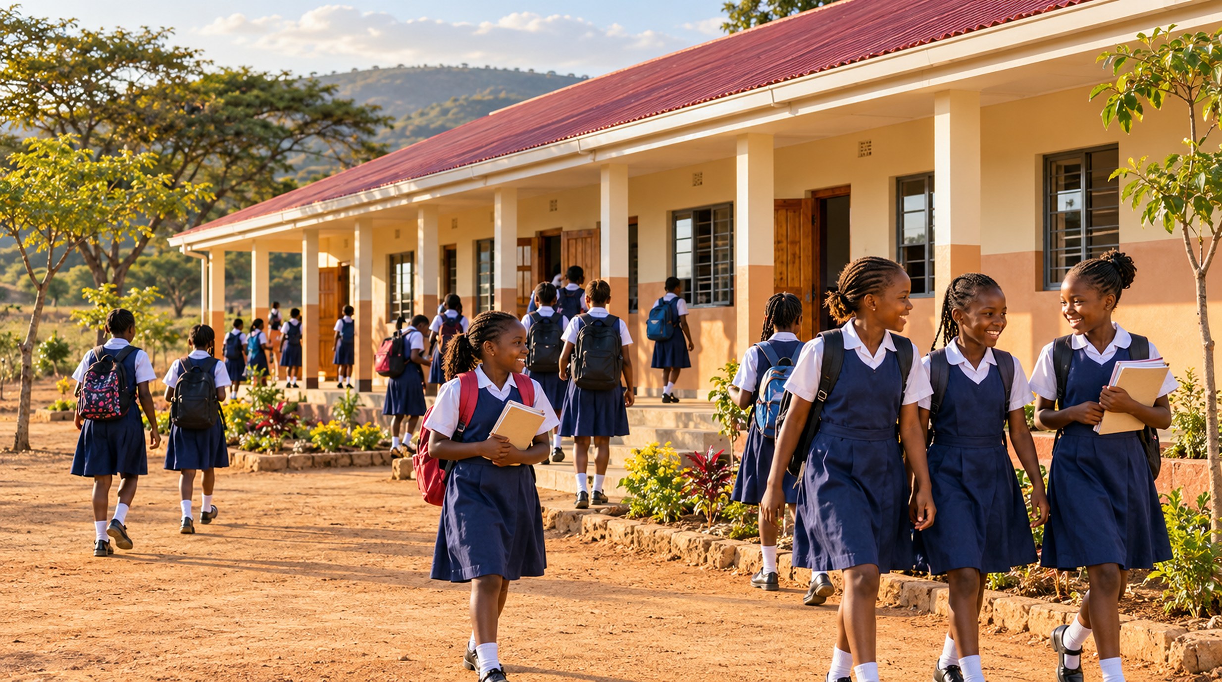 Illustration of schoolgirls walking in front of a new school building