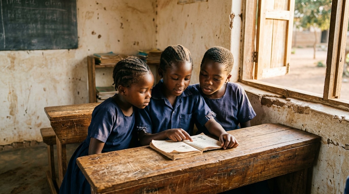 Girls sharing a worn desk in a crumbling classroom