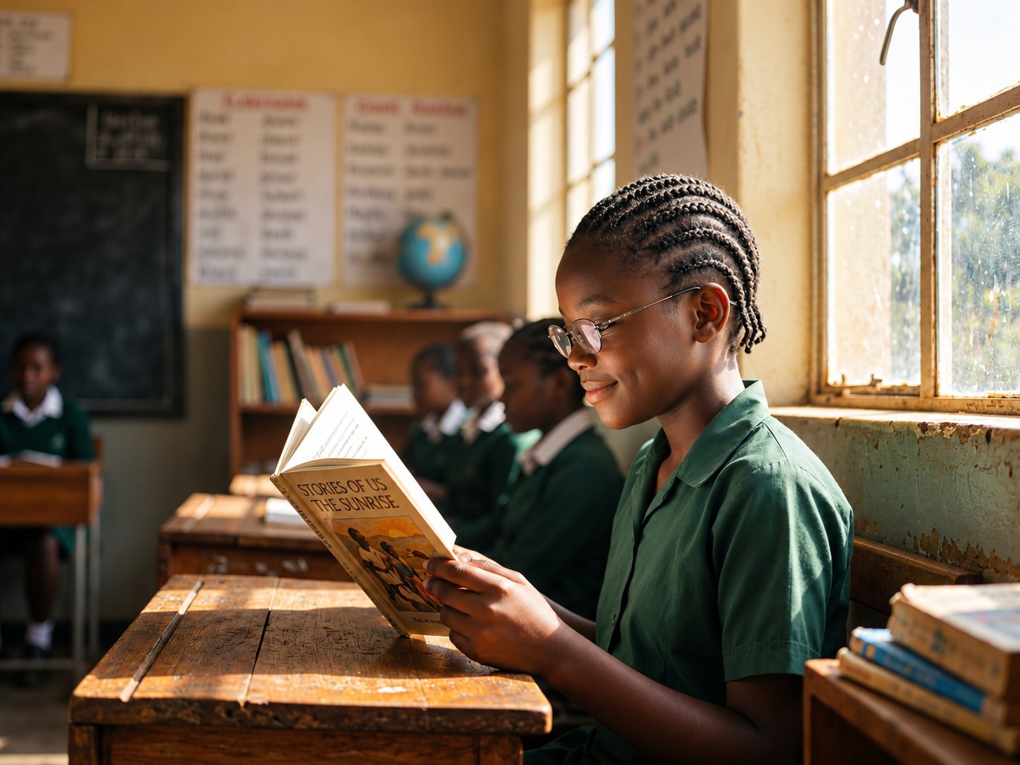 A girl reading alone at a worn desk in an old classroom