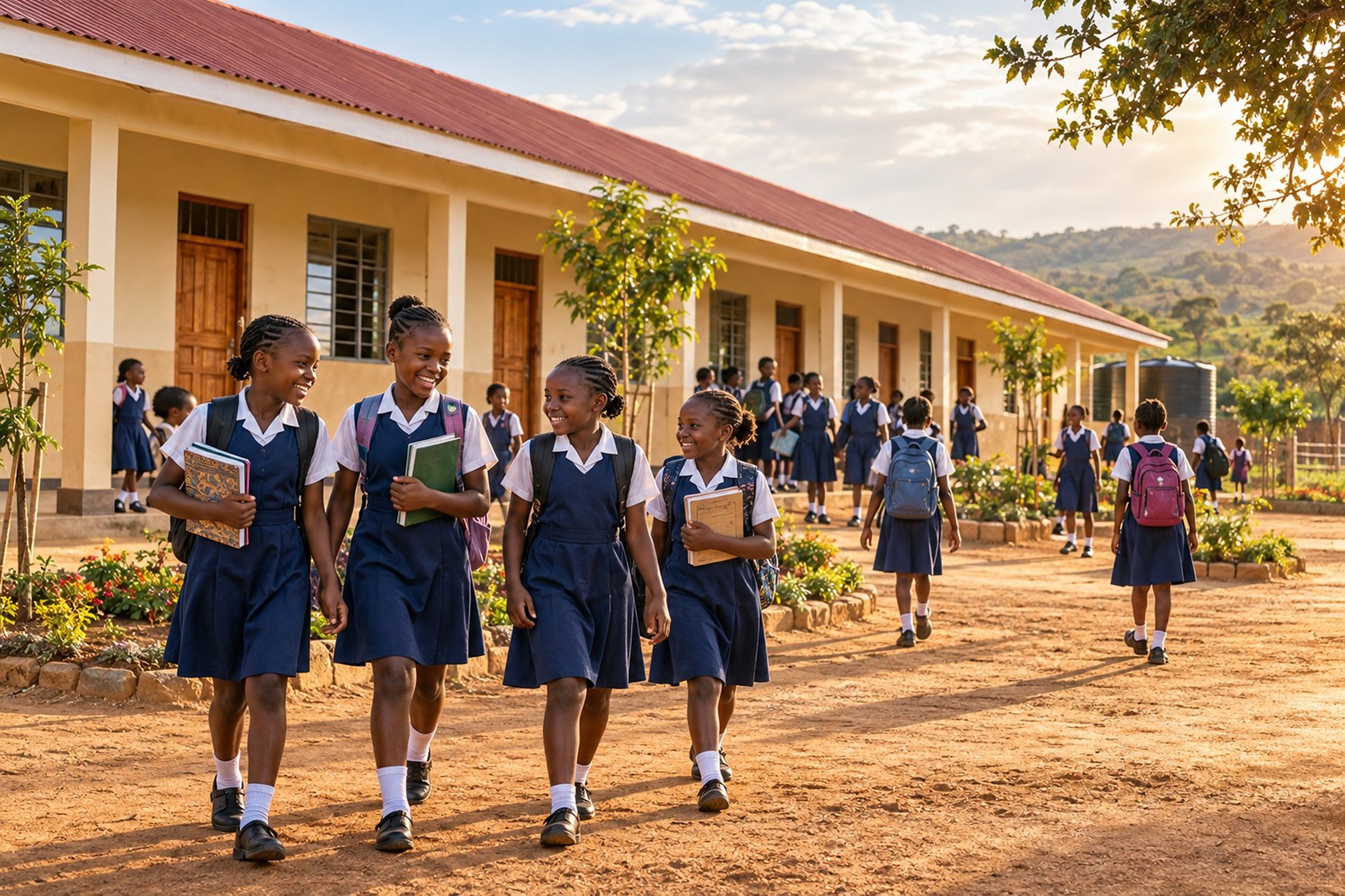 Illustration of schoolgirls walking across the courtyard of a new school building