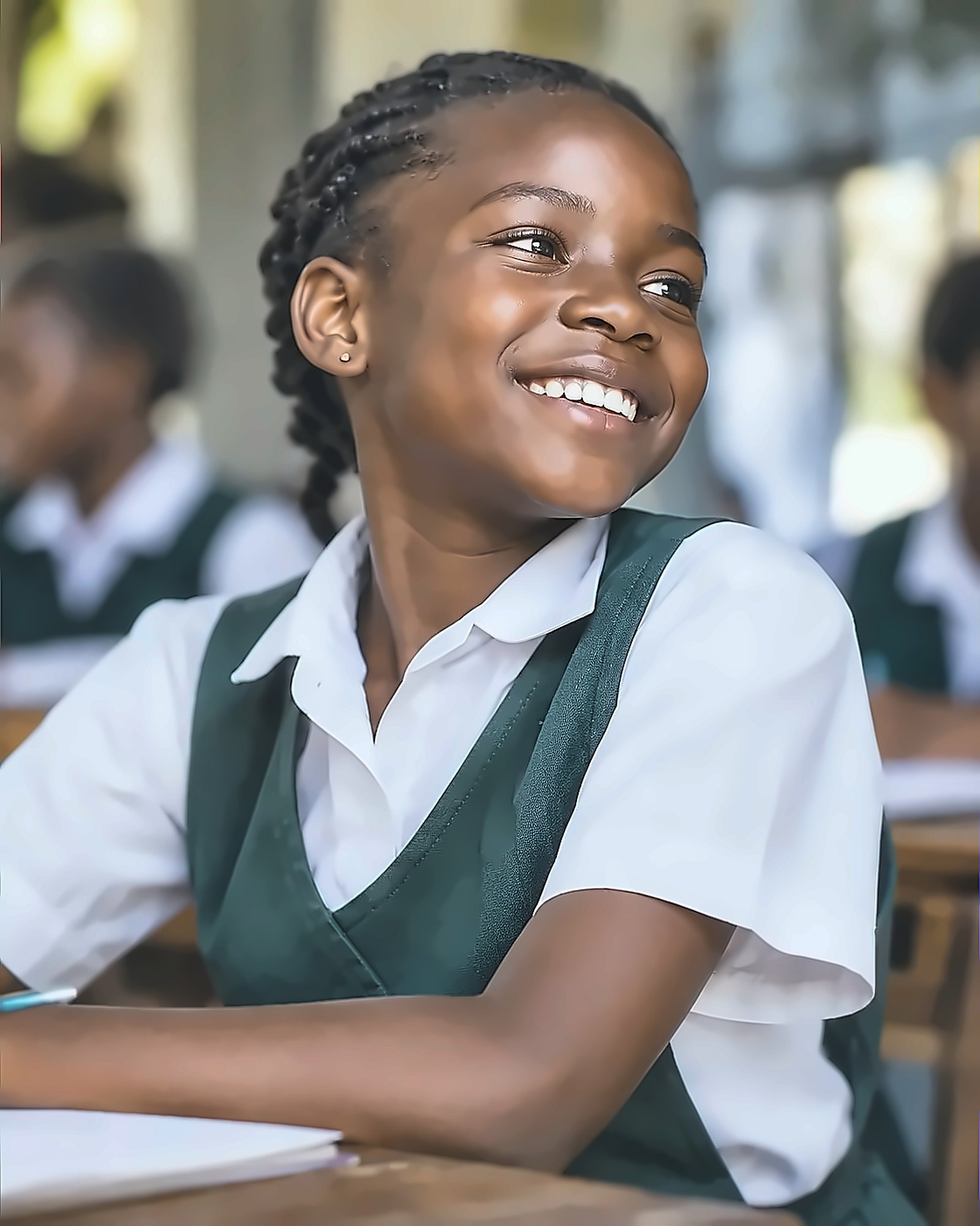 A smiling schoolgirl at her desk
