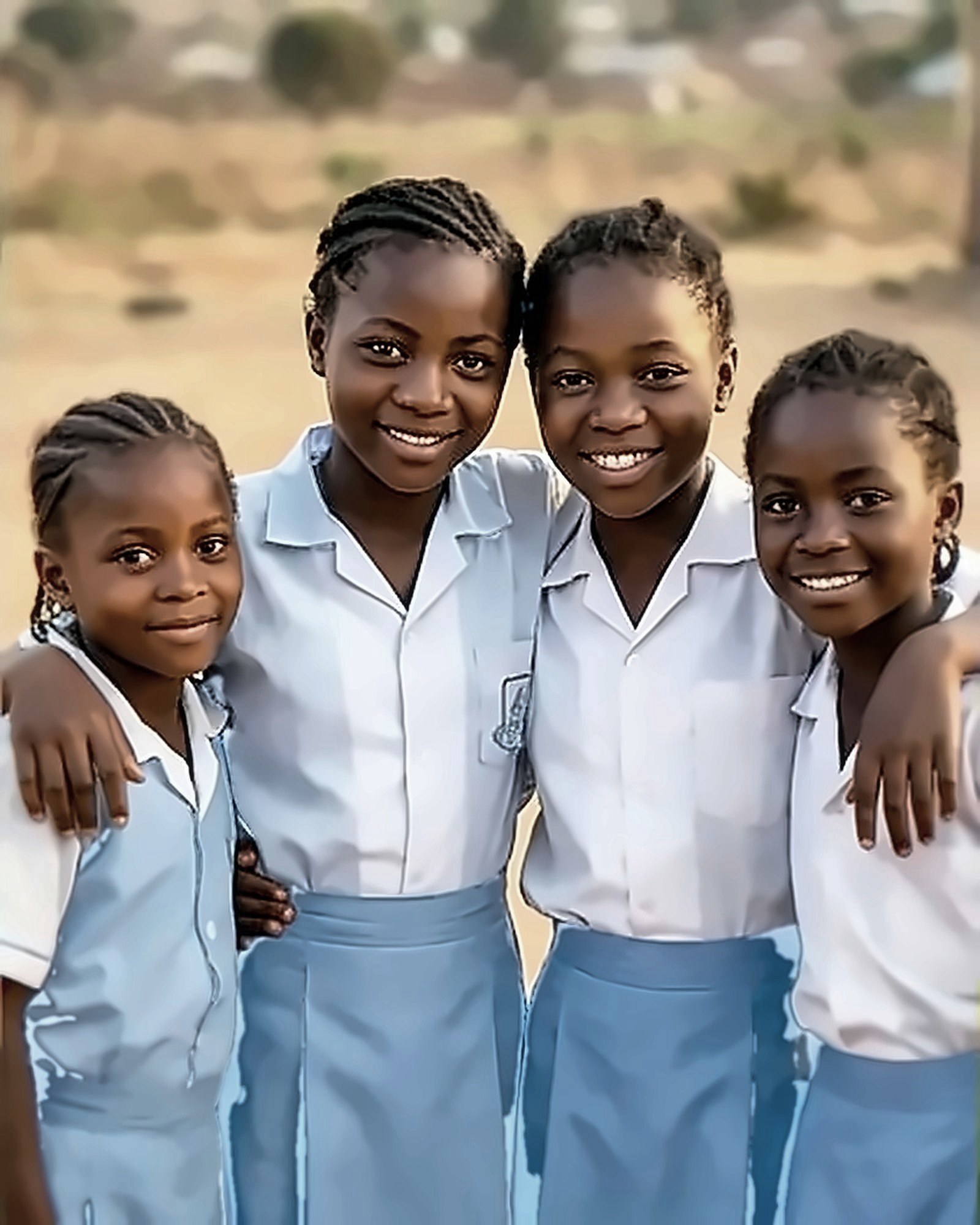 Three friends in school uniforms, arms around each other
